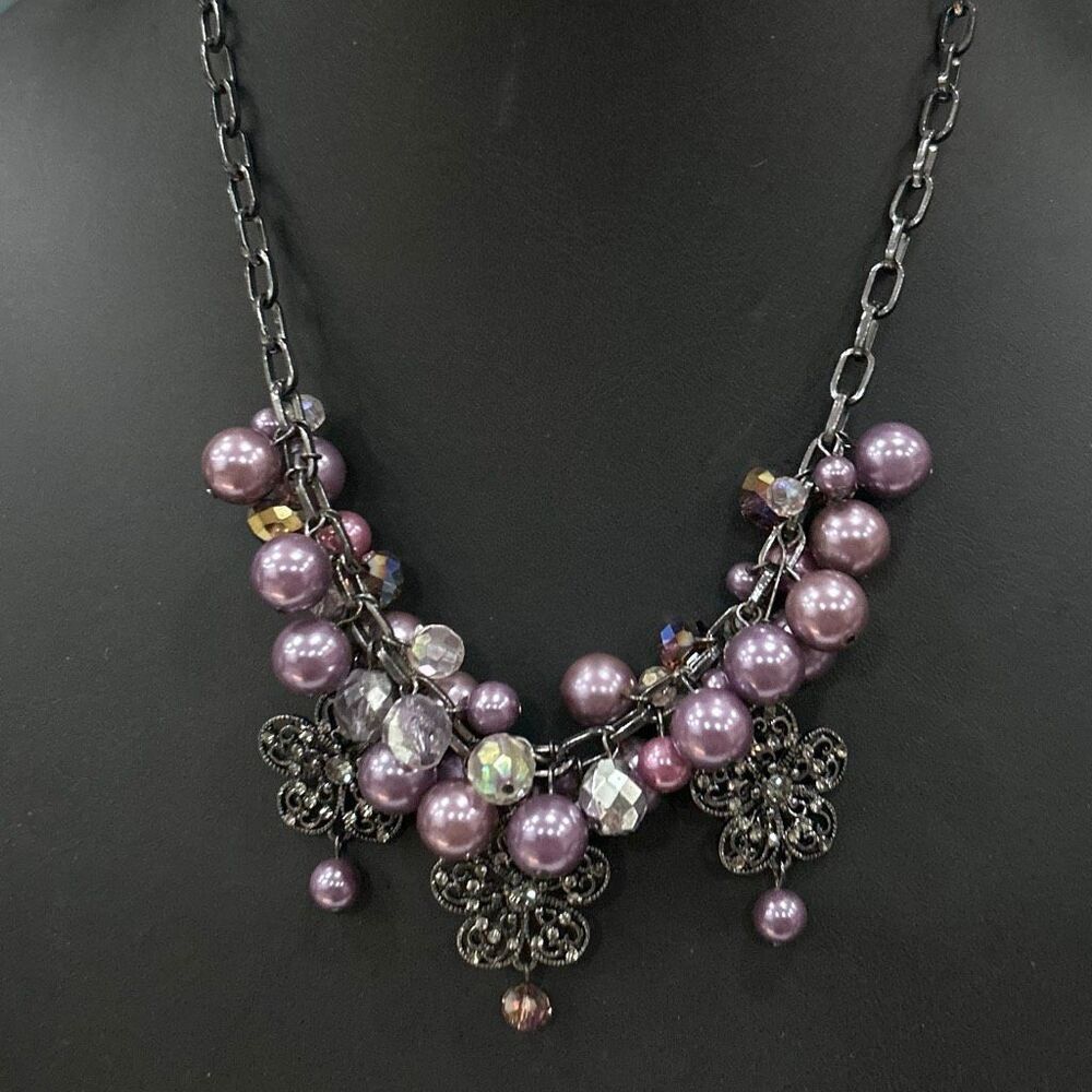 Bubble Bead Statement Necklace 19" Purple Clustered Beads With Flower Accents
